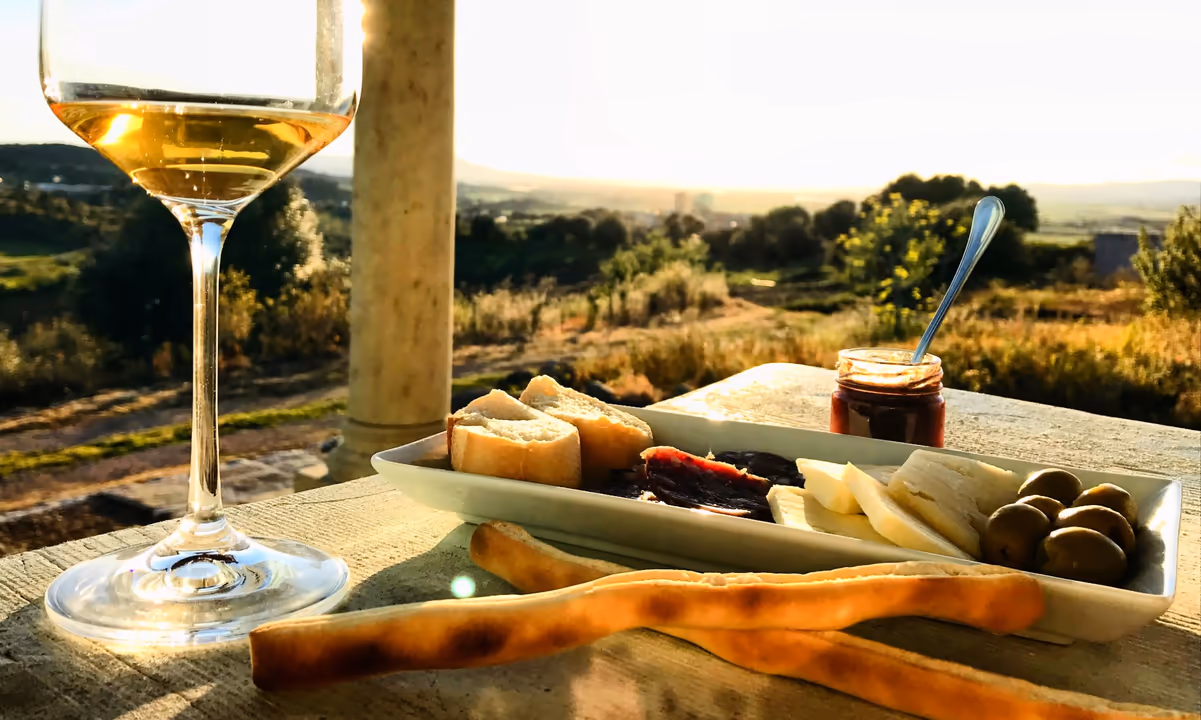 Aperitivo al tramonto sul portico, con vino, formaggi e olive